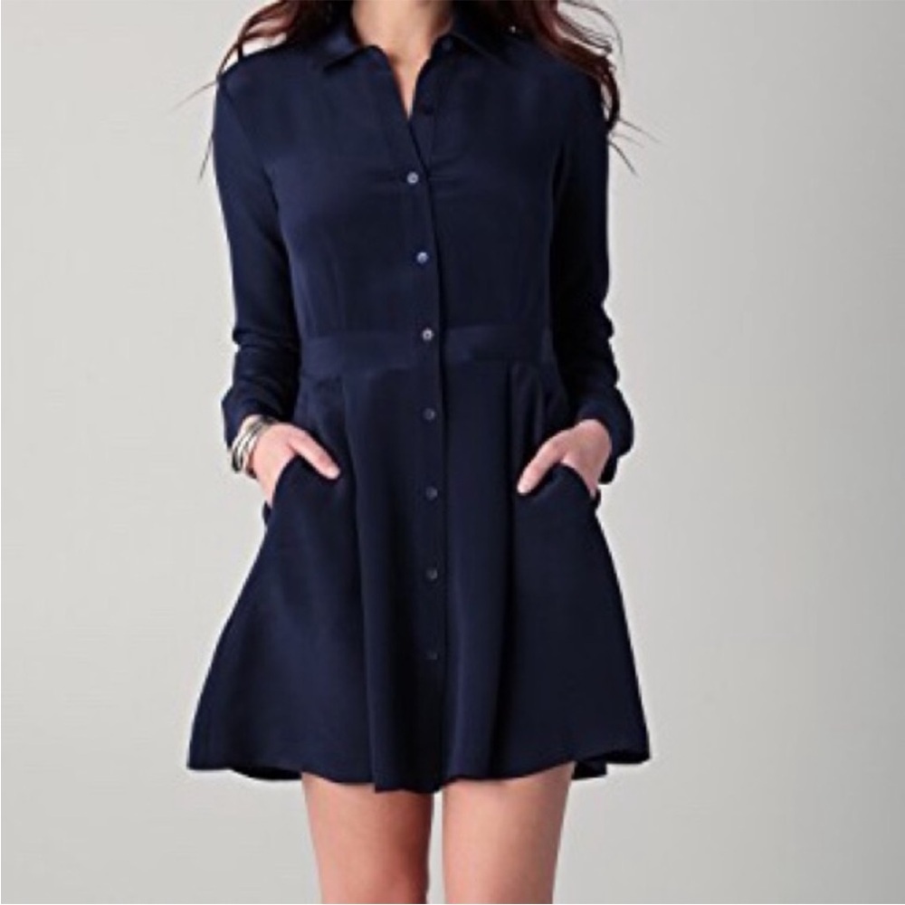 Navy Button-Front Shirt Dress with Pockets